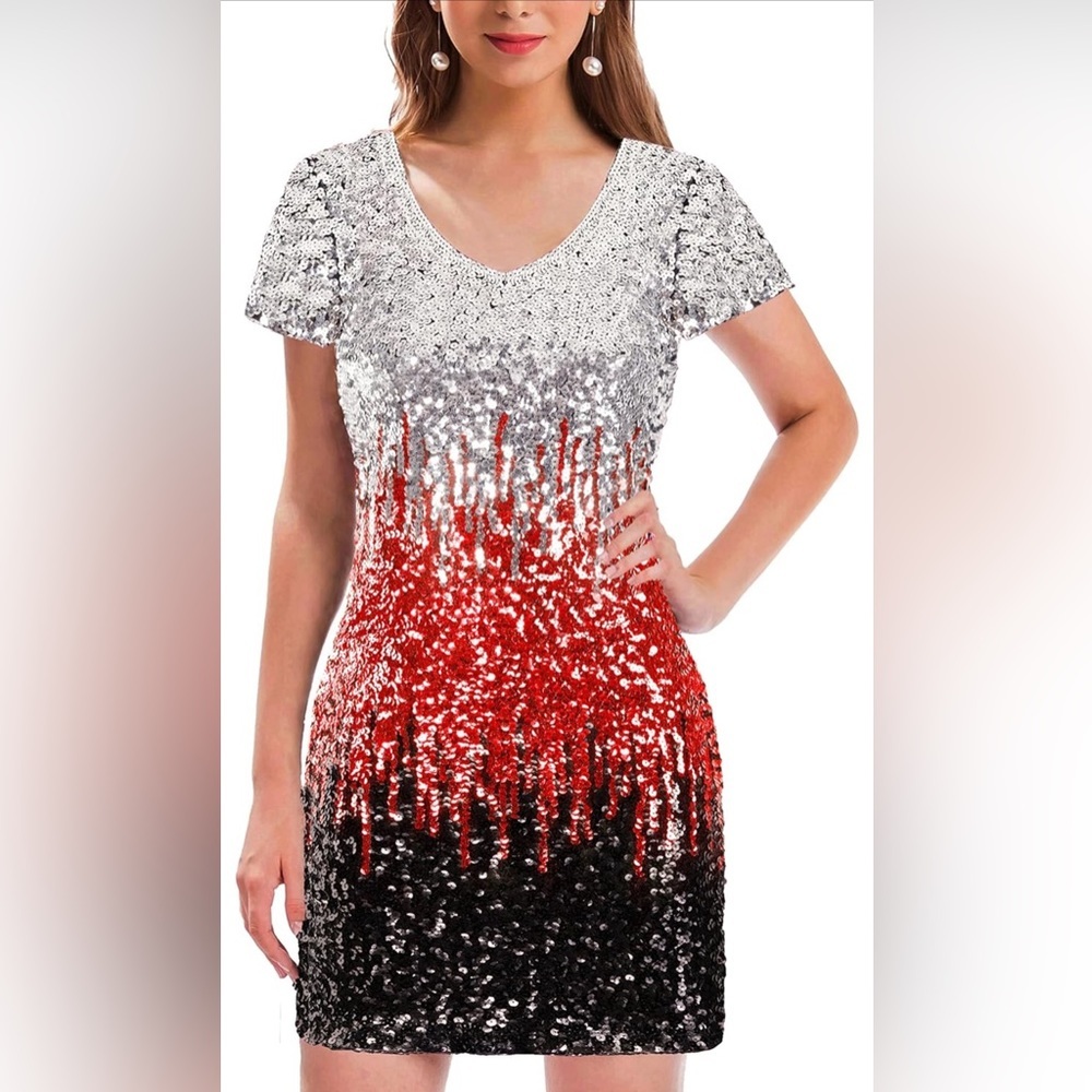 MANER Women's Sequin Glitter Short Sleeve Dress V Neck A20